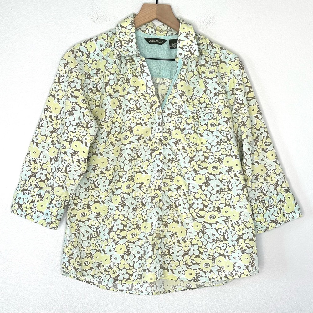 Vintage 90s Eddie Bauer 100% Cotton Floral Button Up Sz L Yellow Blue Coastal